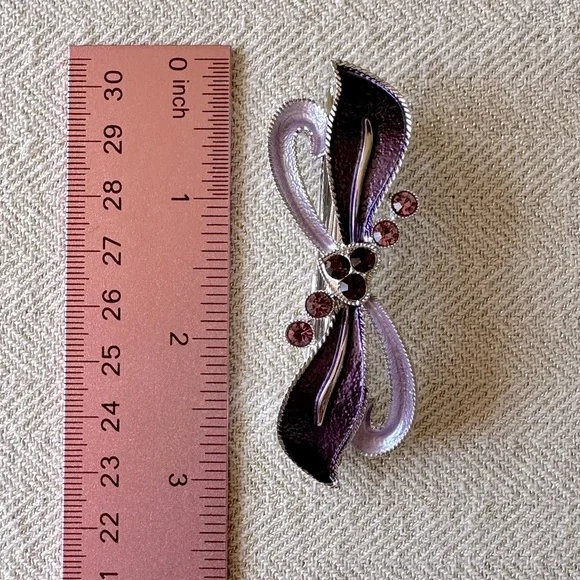 Purple Enamel and Crystal Bow & Heart Hair Barrette - Picture 6 of 7